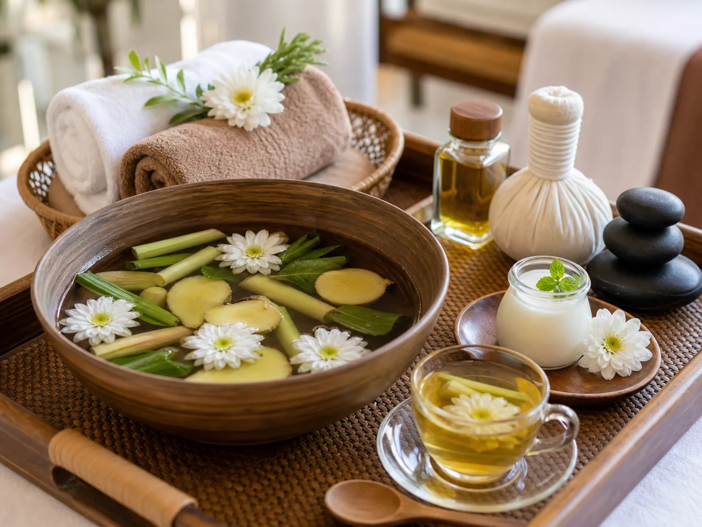 Ngâm chân, trà hoa cúc và tiện ích spa