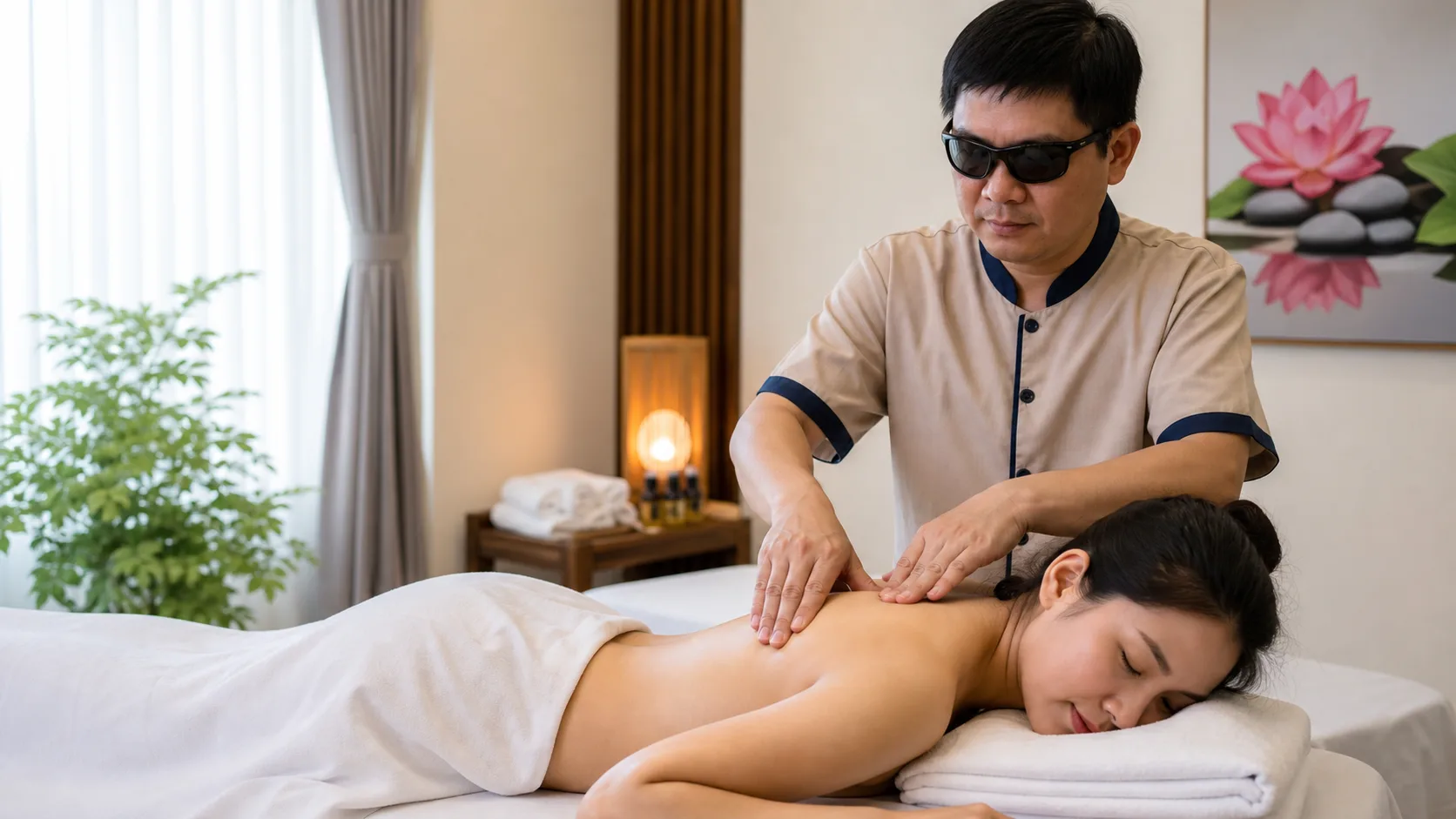 Kỹ thuật viên khiếm thị Tâm Đắc massage trị liệu cổ vai gáy